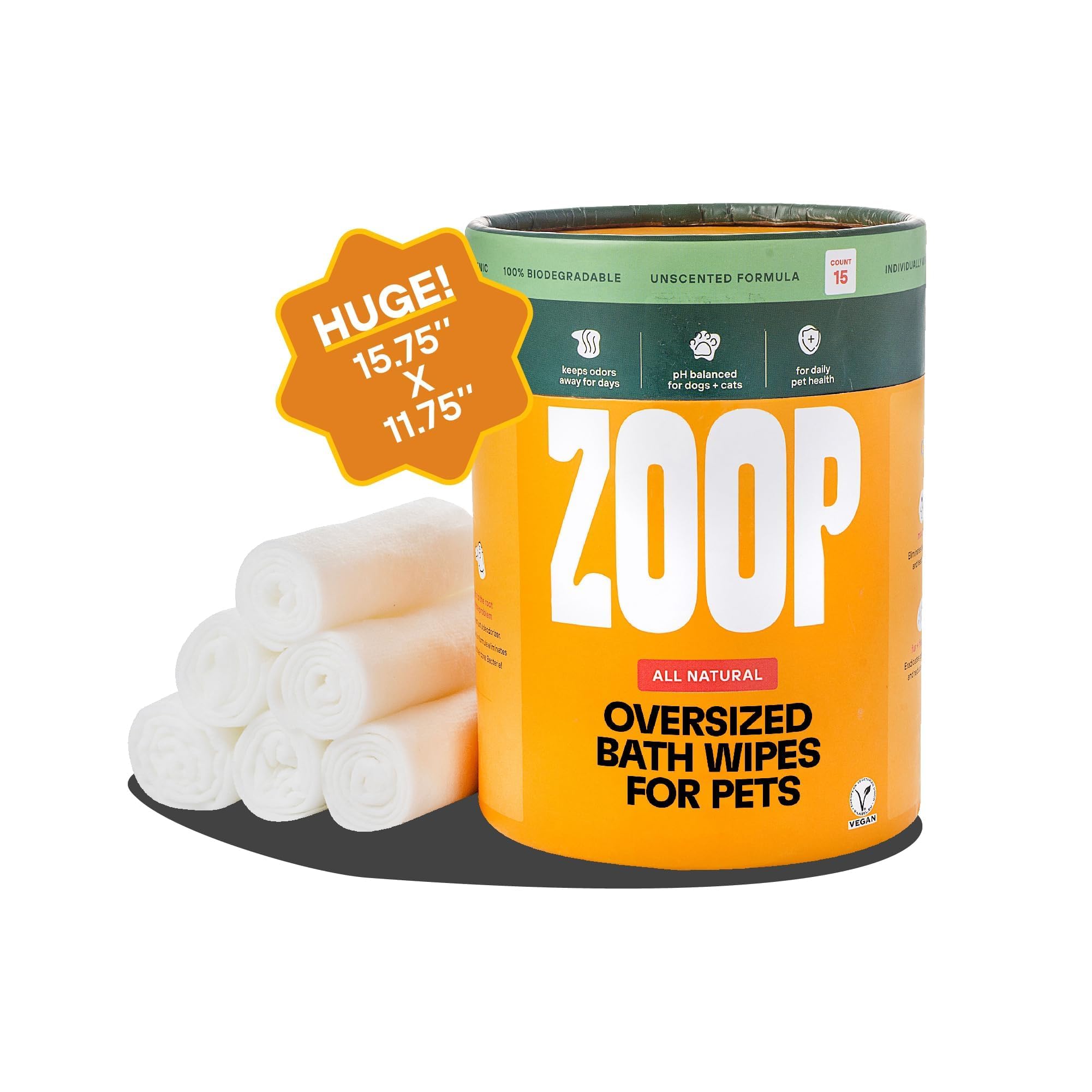 ZOOP XL Pet Wipes for Dogs & Cats – Thick, Huge Bath Wipes for Cleaning, Deodorizing, Conditioning, Wet Dog Wipes for Paws, Butt, Ear, Eye, Face, Whole Body, with Nanosilver-15 Count