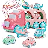 Cartoon Vehicles Playset Transport Car Carrier Truck with Sounds & Lights, Cars Toys for 1 2 3 4 Year Olds Toddler Kids Boys