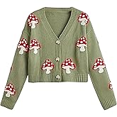 CORIRESHA Women's Cute Mushroom Cardigan Sweater Button Long Sleeve V Neck Knit Crop Outwear
