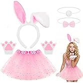TORIHIKI 5 Pcs Easter Bunny Costume Set with Plush Bunny Ears Headband and Tail, Collar Bow Tie, Gloves and Tutu Skirt Rabbit Outfit Accessories for Easter Party