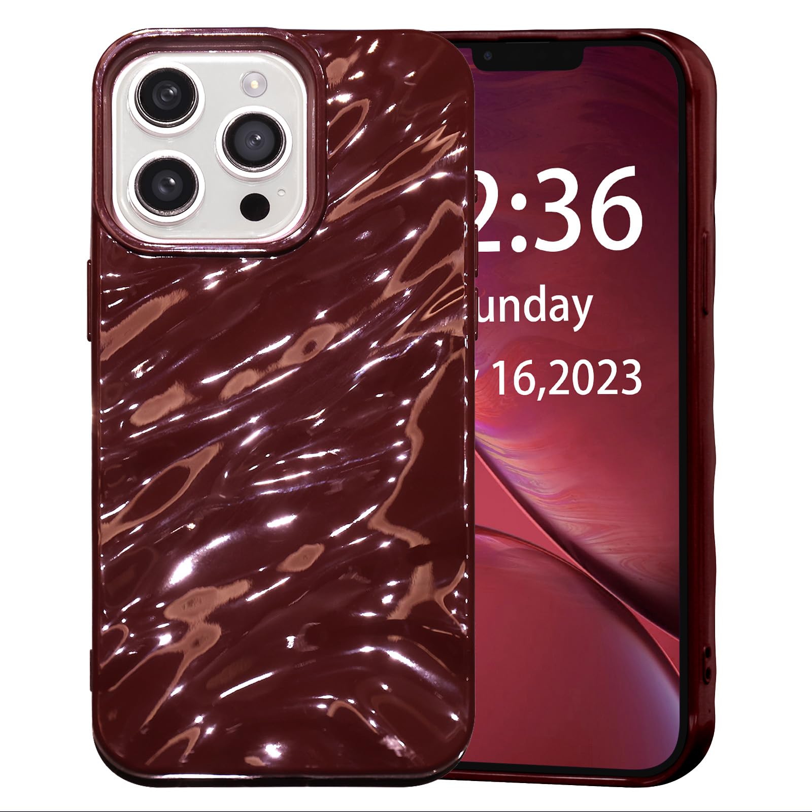AKABEILA Case for iPhone 16 Pro Case 6.3 Inch Water Ripple Pattern TPU Phone Case Slim Shockproof 3D Non-Slip Glitter Sparkle Glossy Cover Wine Red