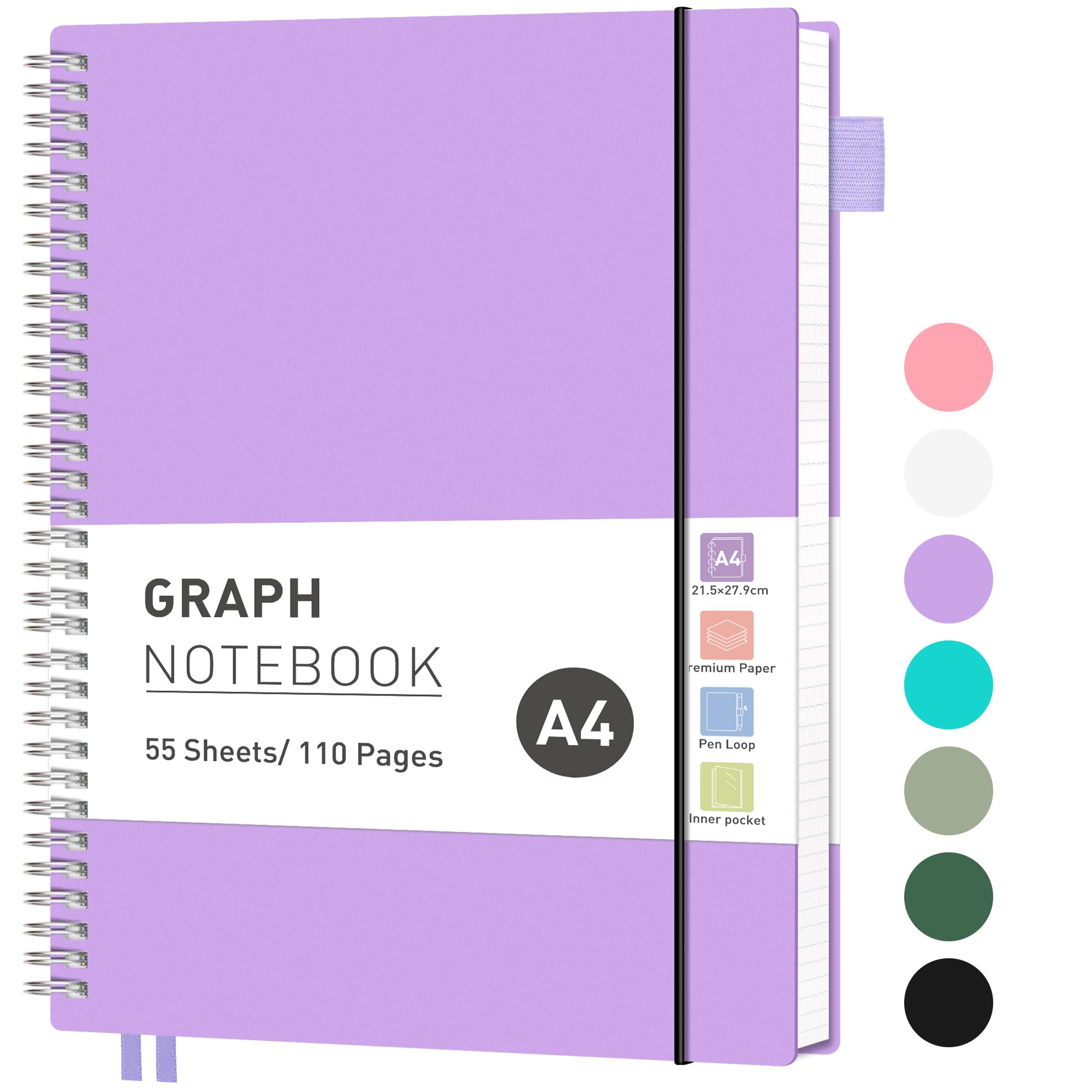 RETTACY Graph Grid Paper Notebook, 110 Pages, A4 Size (21.5 x 28 cm), 5mm per Square, 100 GSM Thick Paper, Flexible Plastic Cover, Spiral-bound, for School, Students, Math, Engineering (Lilac)
