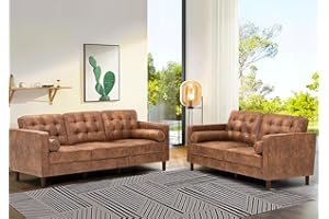 Lesofair 2 Pieces Suede Leather Sofa Set with Bolster Pillows,Tufted 3-seat Sofa and Loveseat Couch with Wooden Legs, Upholstered Living Room Set for Living Room, Office, Brown