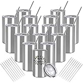 YOUKE OLA 16 Pack Tumblers Blanks Bulk Skinny Straight Tumbler Stainless Steel Double Wall Insulated Water Bottles with Lid & Straw for DIY Gift, 12oz Silver