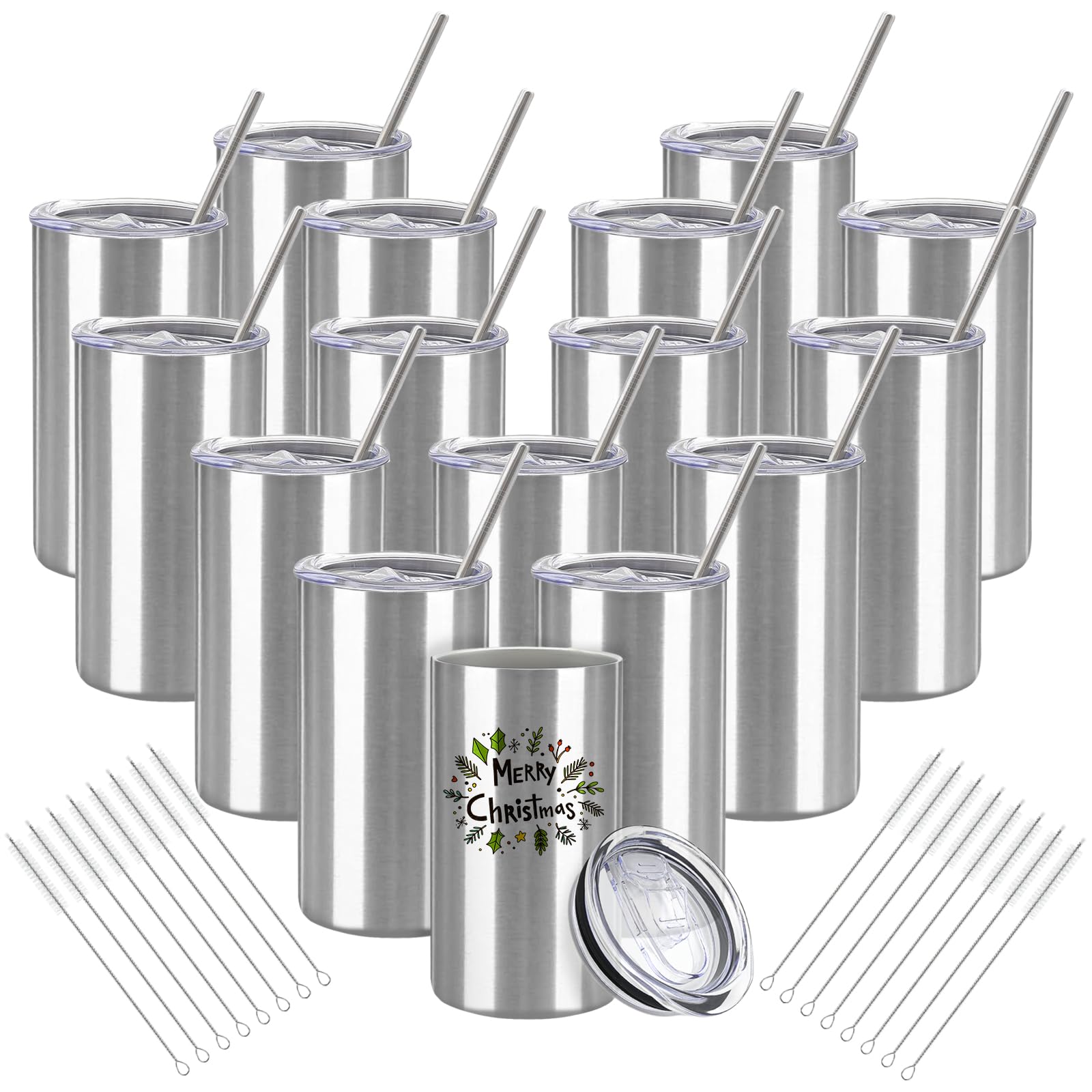 Photo 1 of YOUKE OLA 16 Pack Tumblers Blanks Bulk Skinny Straight Tumbler Stainless Steel Double Wall Insulated Water Bottles with Lid & Straw for DIY Gift, 12oz Silver