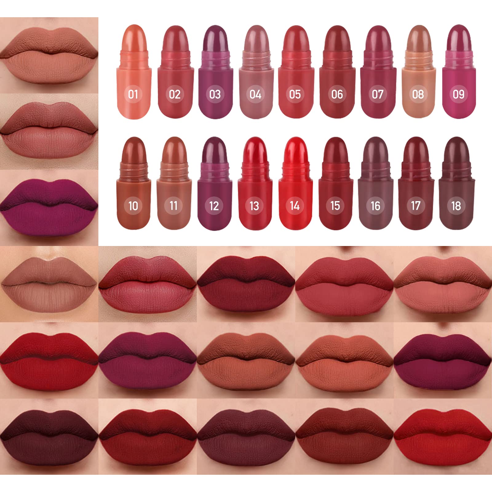 LSxia 18 Colors Capsule Pills Lipstick Mini Lip-Stick Set, Long Lasting Mini Matte Lipstick Lip Stain Lip Tint - Labiales Mate 24 Horas Originales, Cute Dark Red Matte Lipsticks Set for Women