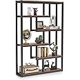 TRIBESIGNS WAY TO ORIGIN 6-Shelf Industrial Bookshelf, Vintage Etagere Bookcase, 69 Inch Tall Storage Display Staggered Shelves with Sturdy Metal Frame for Home Office, Dark Walnut