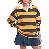 Womens Y2k Oversized Striped Polo Sweatshirts V Neck Long Sleeve Shirts Summer Casual Trendy Work Tops