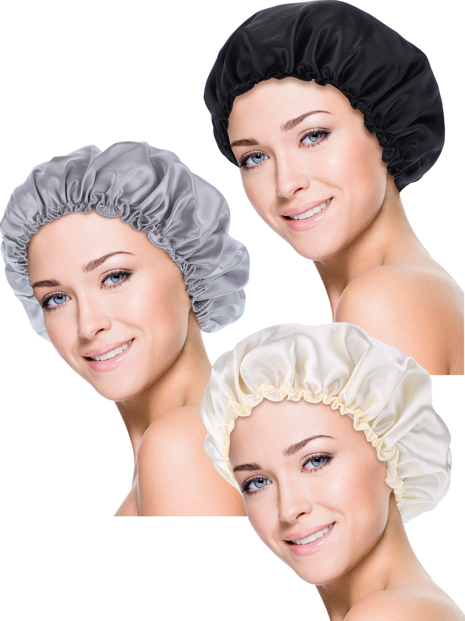 Blulu 3 Pieces Sleep Cap Satin Bonnet Night Head Cover Sleeping Soft Hair Turbans for Women and Girls. (S, Black, Beige, Silver)