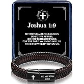 Alissl Leather Bracelet for Men Dad Husband Boyfriend Son Grandson Gift, Braided Leather Bracelet with Stainless Steel Engraved Joshua Scripture You are Never Alone Jewelry Birthday Valentine Gifts