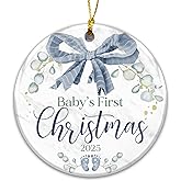 Baby’s First Christmas Ornament 2025 – Retro Ribbon Keepsake for Newborn – Baby’s First Xmas Tree Decoration, Ceramic Round Hanging Ornament, Holiday Keepsake