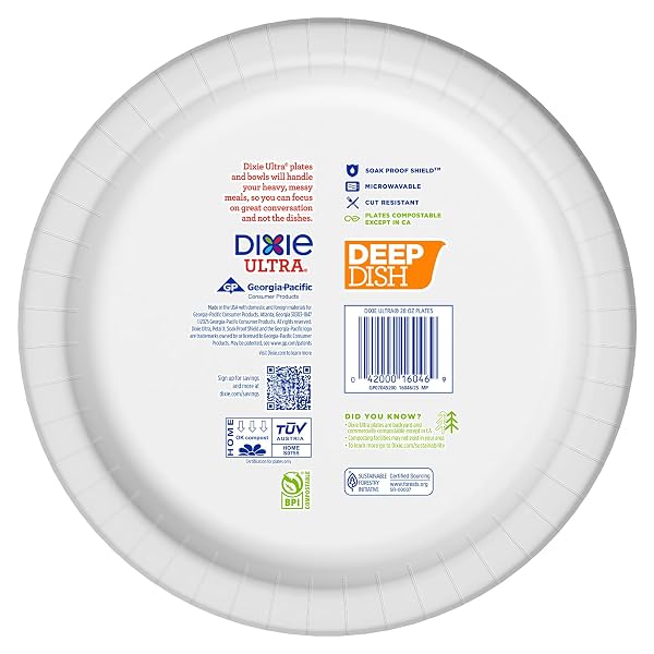 DIXIE ULTRA, DEEP DISH PAPER PLATES, 28 OZ, 40 COUNT, HEAVY DUTY, MICROWAVE-SAFE, SOAK-PROOF, CUT RESISTANT, DISPOSABLE PLATES FOR HEAVY, MESSY MEALS