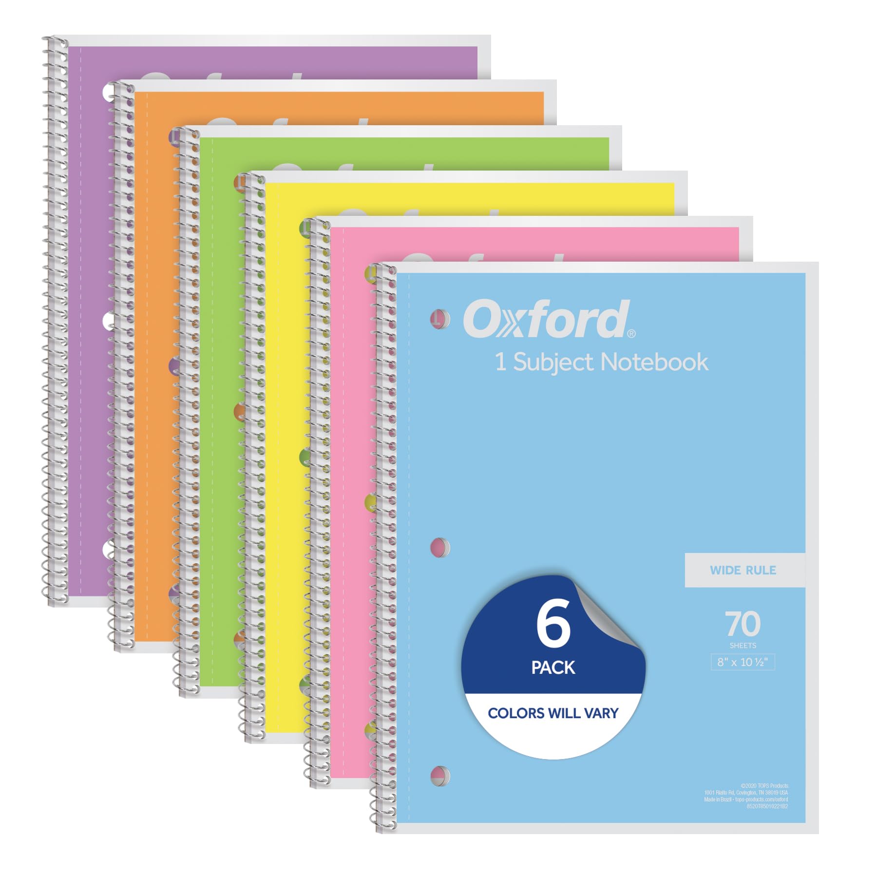 Photo 1 of Oxford Spiral Notebooks, 6 Pack, 1 Subject, Wide Ruled Notebooks for School, 8 x 10.5 Inches, 70 Sheets, Assorted Pastel Colors, Back to School Supplies (63757)