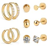 Hypoallergenic Flat Back Earrings Set for Women Men Multiple Piercing Ears Small 14K Gold Cartilage Hoop Earrings 316L Surgical Stainless Steel Tiny Cubic Zirconia Stud Earrings Round Ball Stud Earring UNISEX
