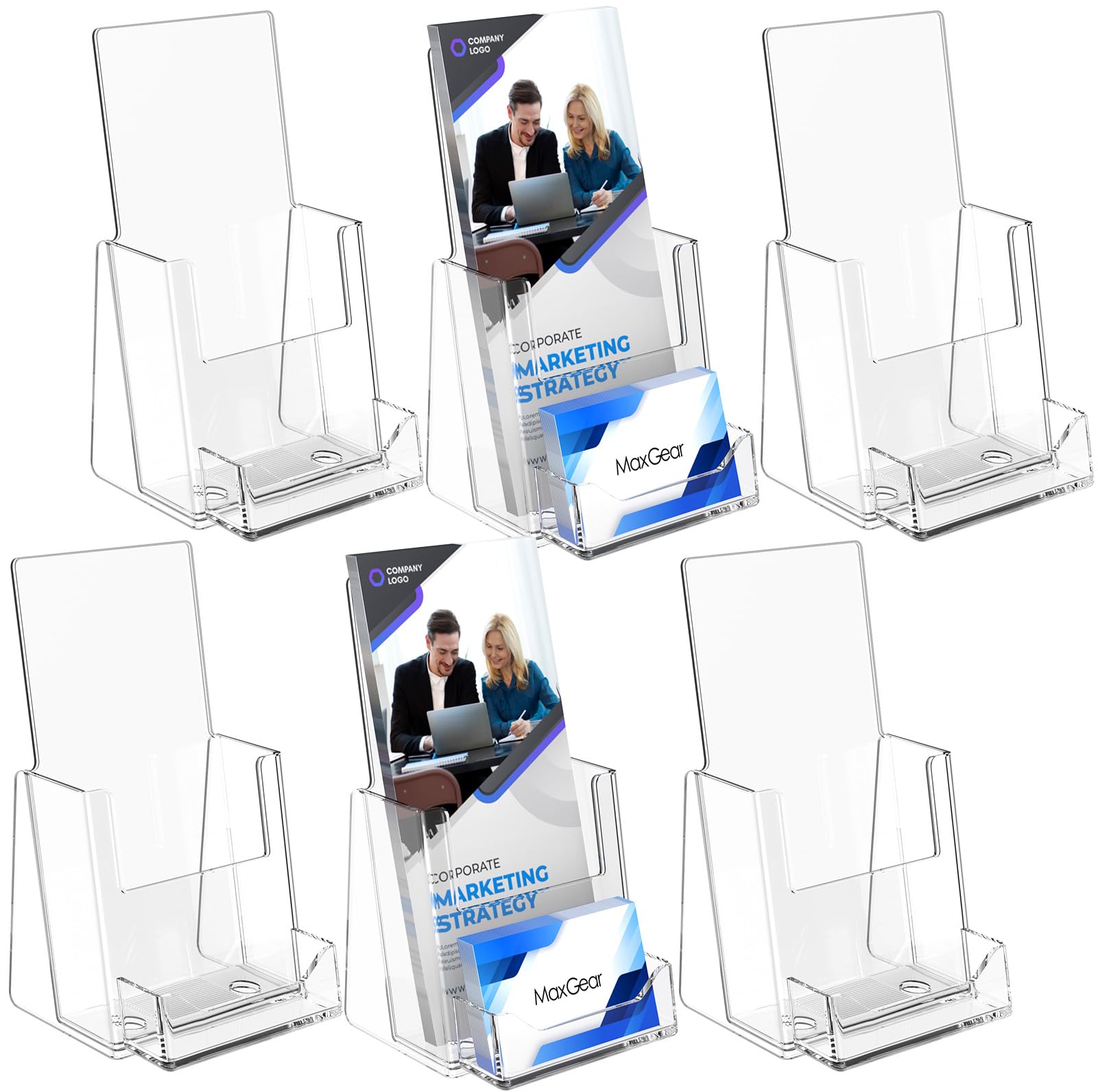Photo 1 of MaxGear Brochure Holder 4x9 inch with Business Card Organizer, Acrylic Literature Display Stand Clear Plastic Flyer Holder Wall Mount or Countertop Use for Pamphlets, Booklets, 6 Pack