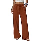 Sampeel Women's Linen Summer Palazzo Pants Flowy Wide Leg Beach Trousers with Pockets Caramel