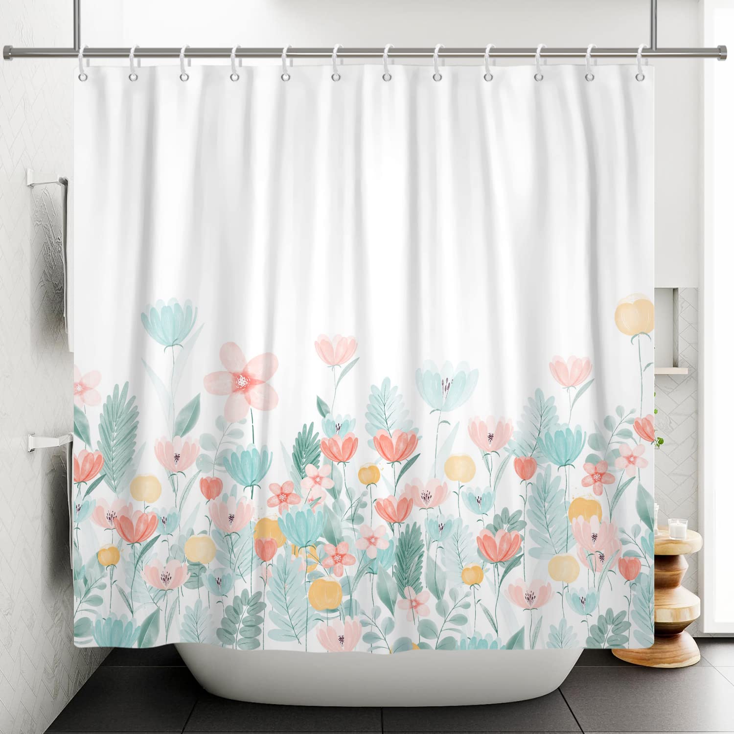 Bovlleetd 71x71inch Elegant Floral Shower Curtain Watercolor Flower Bathroom Curtain Botanical Simple Shower Curtains for Bath Waterproof Bathtub Curtain