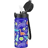 GOPPUS Kids Water Bottle (Straw Lid)-18oz Vacuum Insulated Stainless Steel, Reusable Tumbler for School, Boys, Girls,Blue Space Dinosaur