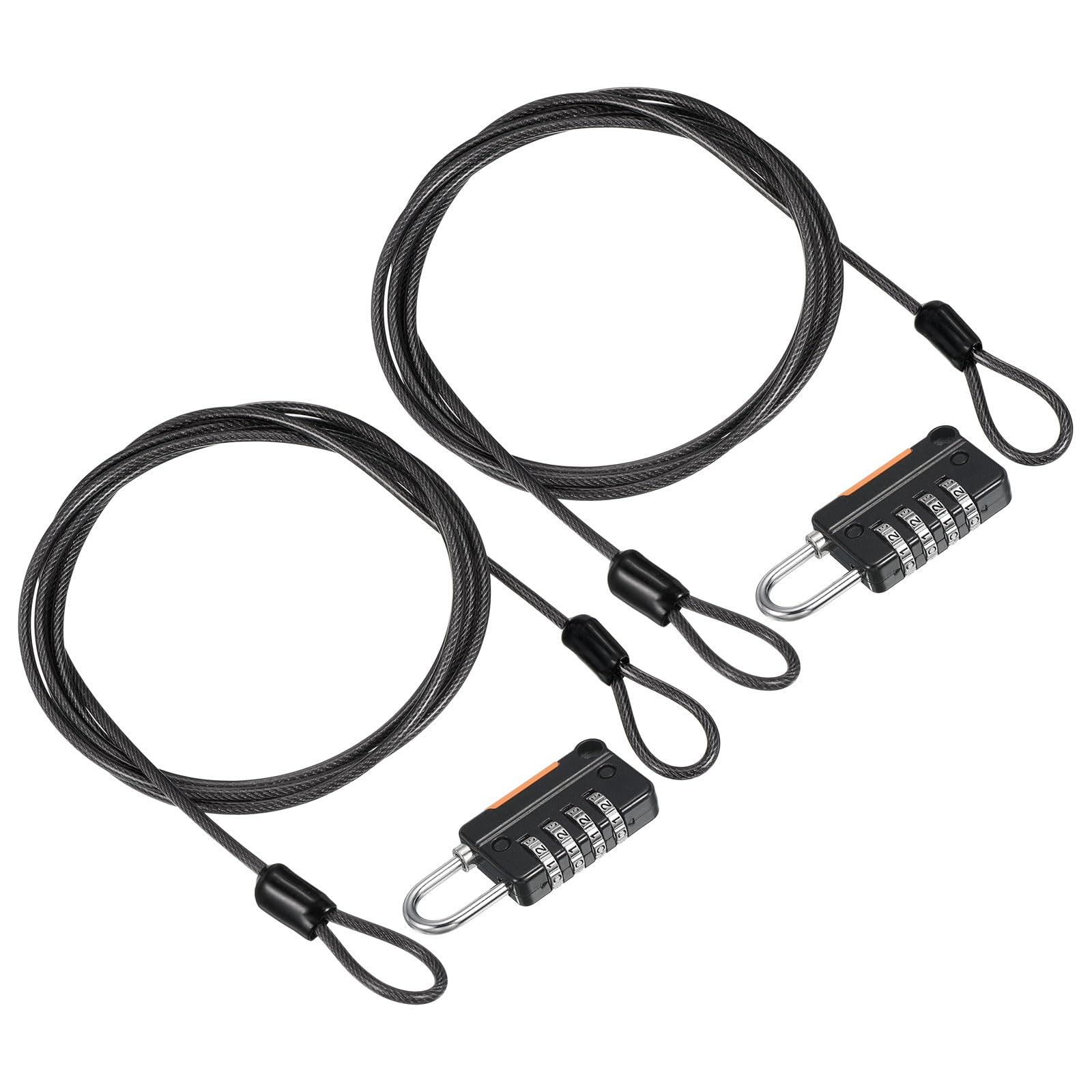 PATIKIL Security Steel Cable with 4 Digit Combination Lock, 2 Set 4.9Ft Coated Safety Wire Rope Double Loop Padlock for Outdoor Travel Luggage, Black