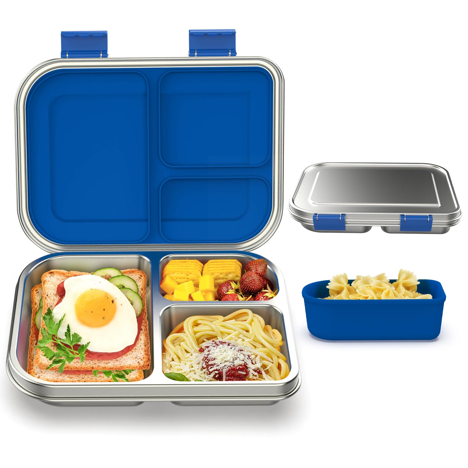 Photo 1 of BABHAMNESS Stainless Steel Bento Box Kids, 3 Compartments Leak Proof Metal Bento Lunch Box, 304 Stainless Steel Bento Lunch Containers for School and Office,Dishwasher Safe, BPA-Free-Blue