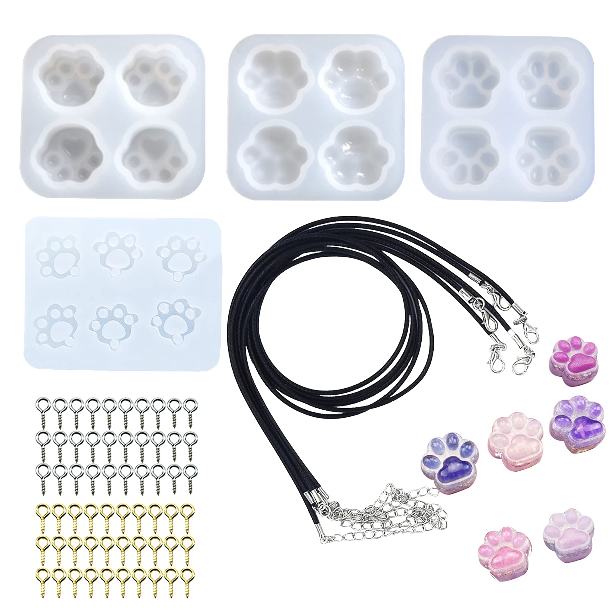 Cayway Cat Paw Silicone Resin Mould Set, 4 PCS Bear Claw Silicone Epoxy Resin Moulds, 10 PCS Black Wax Rope, 100 PCS Eye Screw Pins for Resin DIY, Pendant, Keychain