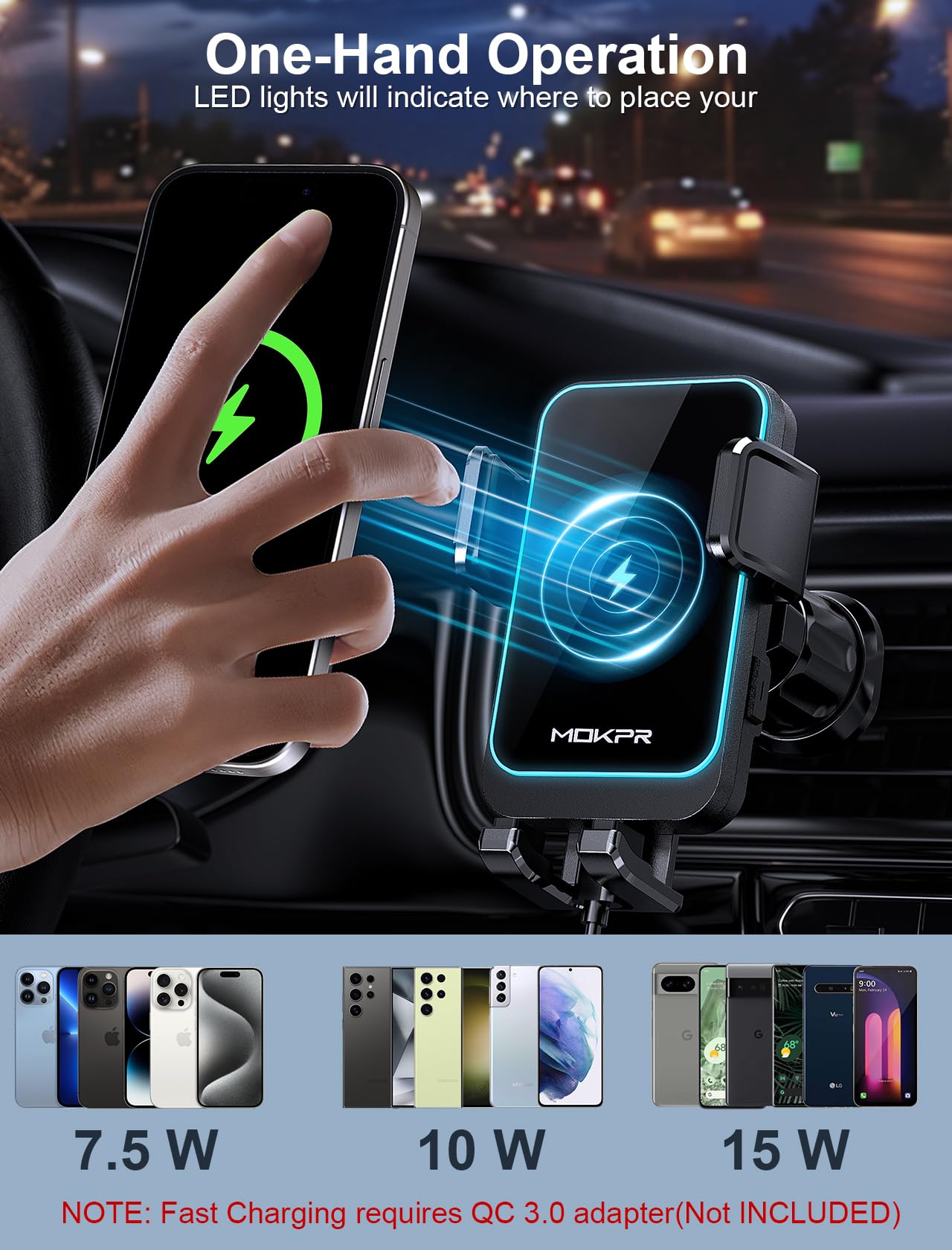 Wireless Car Charger, MOKPR 15W Fast Charging Auto Clamping Dashboard Windshield Air Vent Car Phone Holder with LED Light Car Charger for iPhone 16 15/14/13/12 Pro Max Plus, Samsung S23/S22/S21,etc