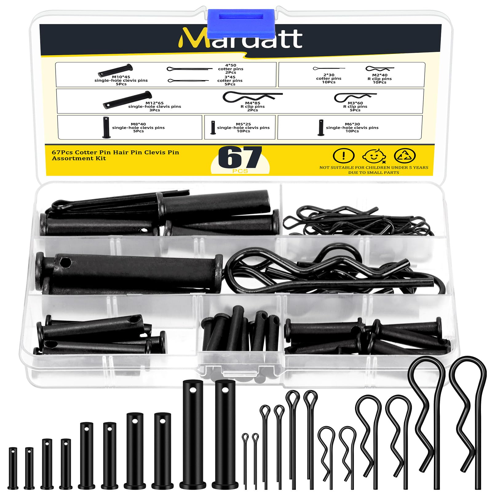 Mardatt 67Pcs Carbon Steel Clevis Pin Cotter Pin R Pin Assortment Kit, Include 5 Sizes M5 M6 M8 M10 M12 Flat Head Single Hole Clevis Pins and M2 M3 M4 Split Cotter Pins/ R Clips