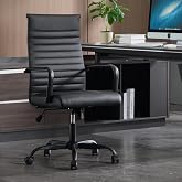 Haranuo Office Chair, Ergonomic Executive Conference Room Chairs, Ribbed Leather Desk Chair with Lumbar Support, Adjustable Height Mid-Back Swivel Chair with Padded Seat