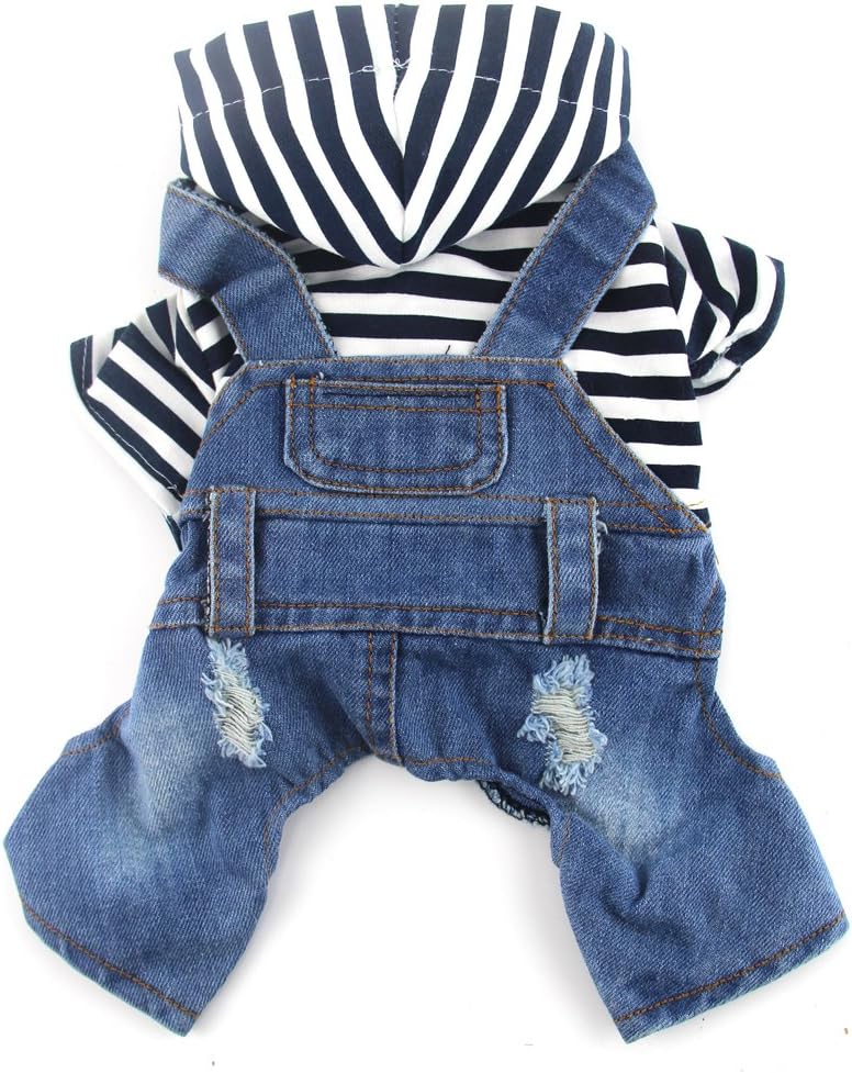 DOGGYZSTYLEDOGGYZSTYLE Small Dog Hoodie Clothes Cute Stripe Shirts Denim Jumpsuit One-Piece Outfit for Small Medium Dogs Cats Boy Girl Chihuahua Blue Jeans Overalls Puppy Costume (Blue,XL)