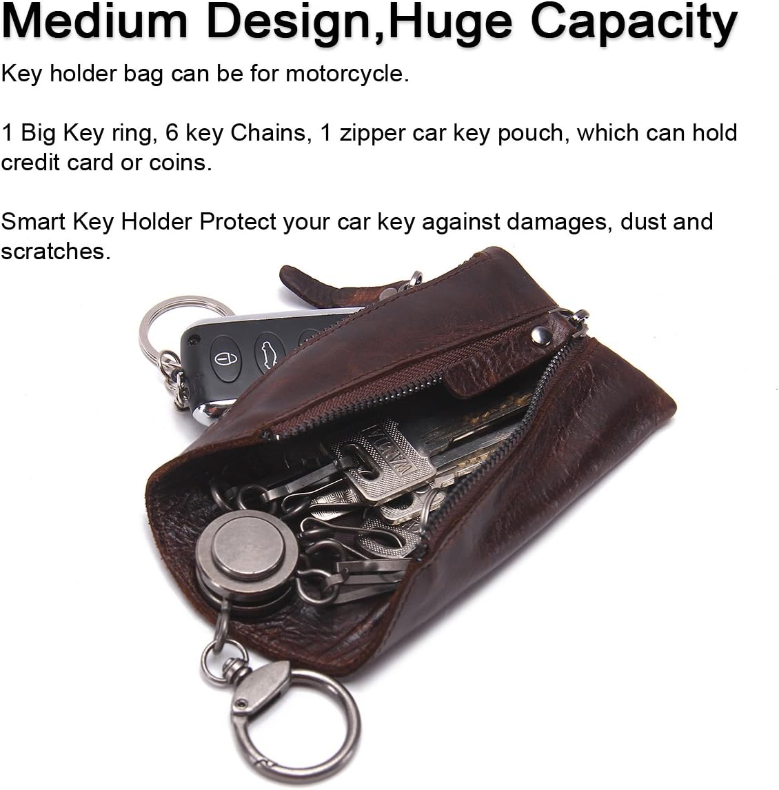 Contacts Genuine Leather Zipper Coin Pocket Purse Car Key Case Holder Keychain Wallet Dark Brown(Size: one size) - Image 5