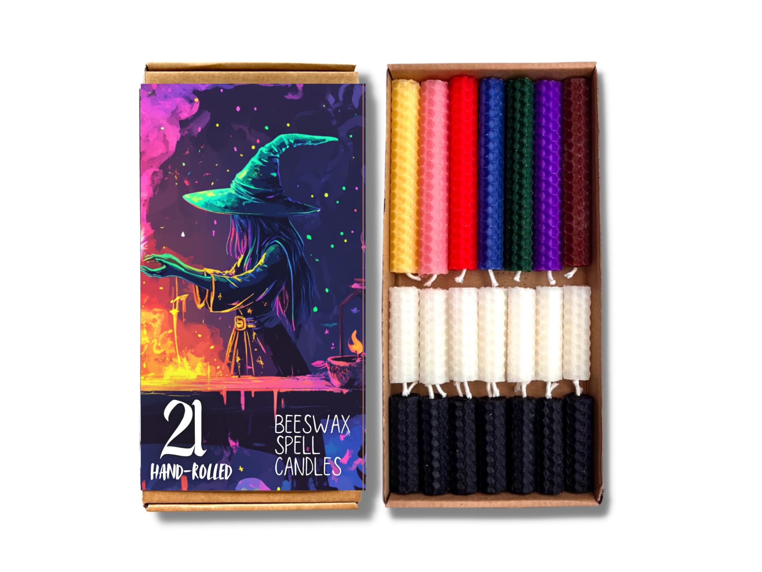 Phoenix Candle Company - Beeswax Spell Candles Set - 21 Count - Hand-Rolled - Assorted Colours