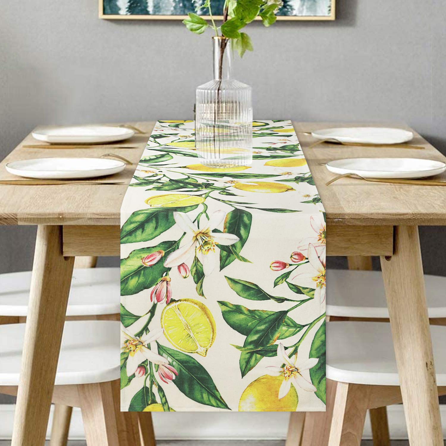 Yugarlibi Lemon Spring Table Runner, Summer Yellow and Green Lemon Tree Table Runner, Heat Resistant Table Cloth for Dining Table Party Banquet 70x14 Inches (180x35 cm)