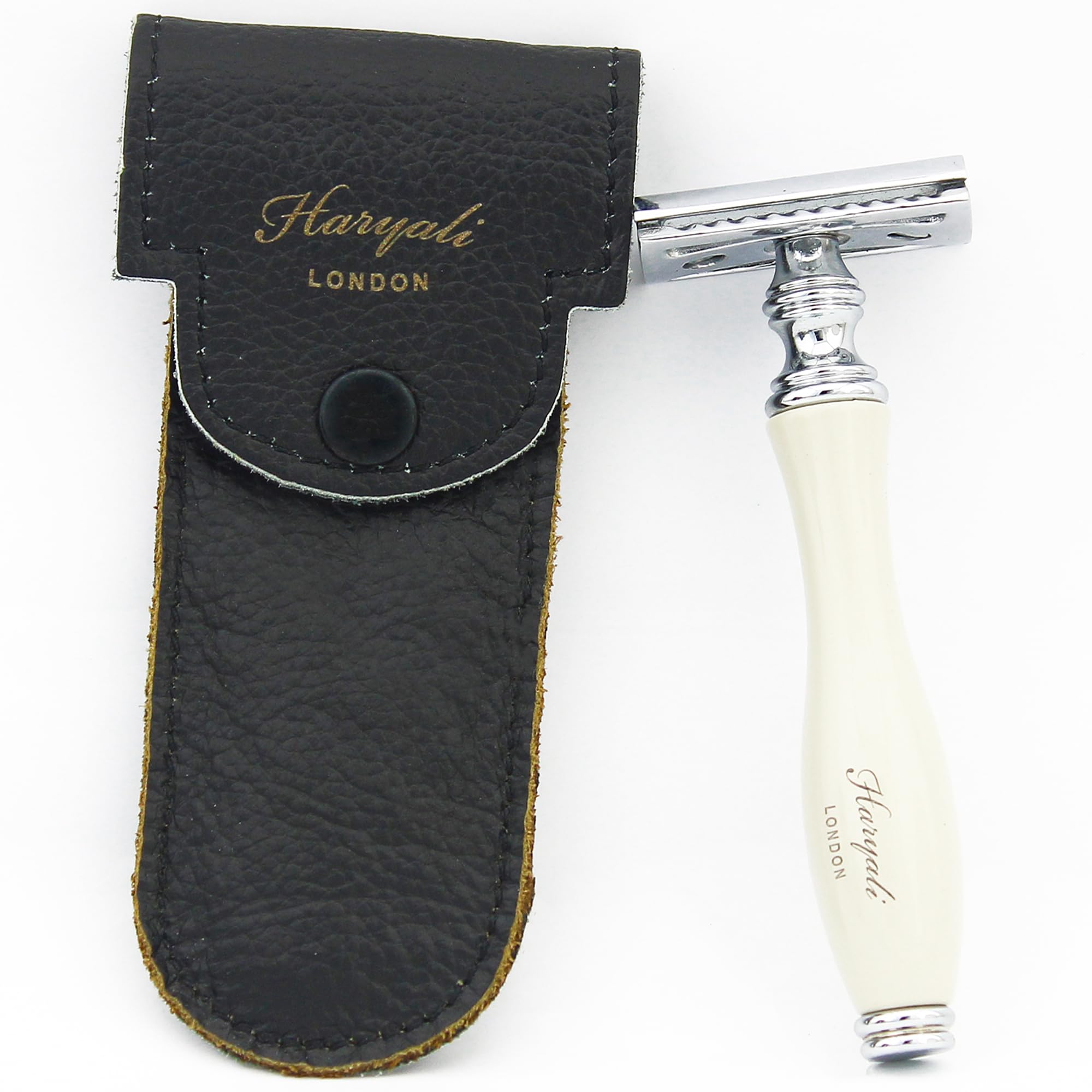 Haryali London, Double Edge Safety Razor with Leather Pouch – Reusable Travel Safety Razor for Men – DE Razor for Close Smooth Shave – Wet Shaving Razor Off White