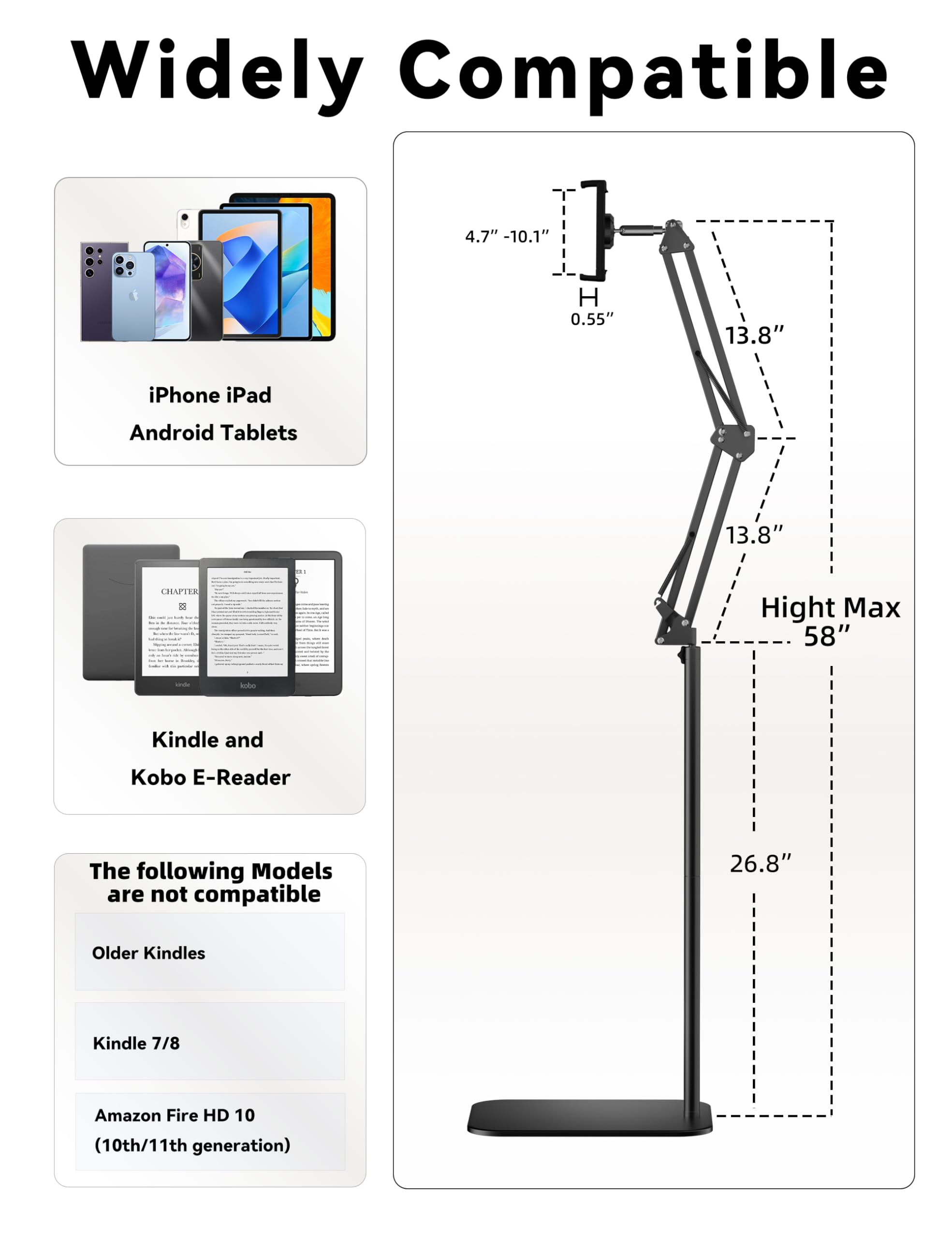 VOLTIFYMAX Floor Stand Kindle Holder with Remote Page Turner for Reading in Bed, Tablet Mount with Clicker, Kindle Accessories Tablet Stand Holder for Kindles Tablets iPhones 4.7-12.9 inch(Black)
