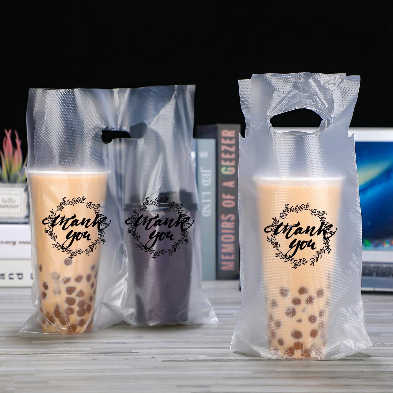 Photo 1 of Kisston 1000 Pcs Drink Carrier for Delivery, Plastic Carrier Bags Thank You Clear Handle Drink Poly Bags Bulk for Coffee Tea Beverage Juice(Hold 2 Cups, Hold 1 Cup)