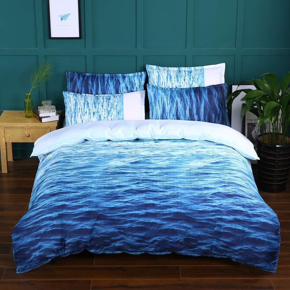 Luofanfei Beach Duvet Cover Single Set, Blue Ocean Wave Printed, 2 Pcs Premium Bedding