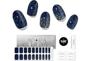 Adora Couture Semi Cured Gel Nail Strips Kit | 20pcs Uv Gel Nail Stickers with Uv Light | Glossy Dark Blue Yellow Glitter Uv Nail Stickers | Gel Stickers for Nails Uv Light (Nova)