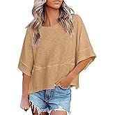 Aisongyuan Womens Fashion T-Shirt Crewneck 3/4 Sleeves Solid Color Loose Basic Tops Summer Casual Tees Blouses