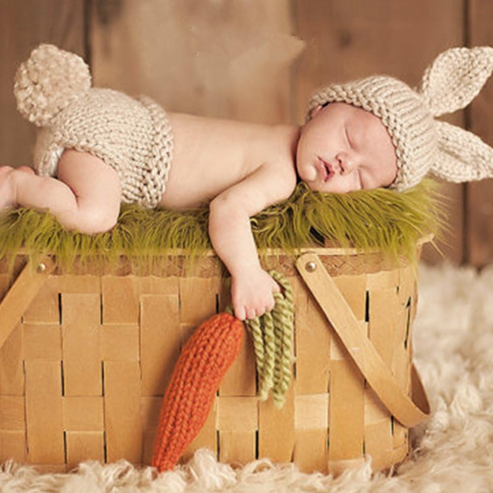 HAPPY ELEMENTS Newborn Baby Handmade Crochet Knit Hat Photo Props Costume Set ( Rabbit)