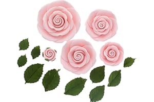 Global Sugar Art Edible Exquisite Rose & Leaf Tray Sugar Cake Flowers, Pink Unwired, 5 Count by Chef Alan Tetreault