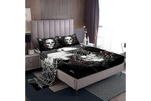 FEELYOU Sugar Skull Sheet Set Gothic Skull Bedding Set for Kids Boys Girls Teens Halloween Themed Bed Sheets Breathable Skeleton Design Bed Sheet Set Butterfly Floral Print Room Decor Bed Set Queen Size