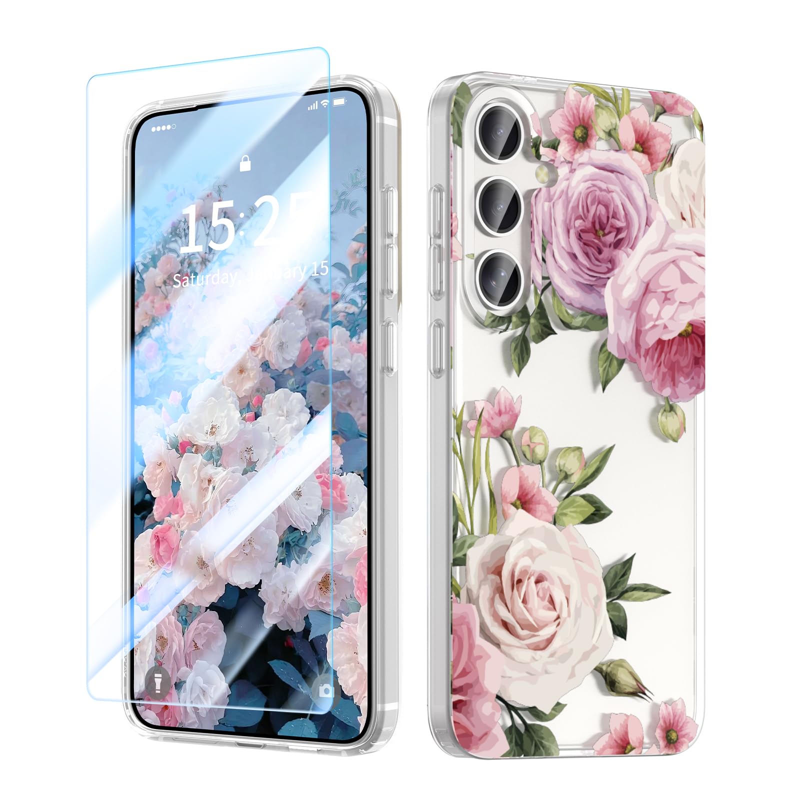 MILPROX Flower Case for Samsung Galaxy S24, with Screen Protector Cute Floral Design for Girls and Women, Protective Shockproof Phone Cover for Samsung Galaxy S24 6.1-Inch (Peony)