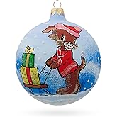 Dog Delivering on Sleigh Glass Ball Christmas Ornament 4 Inches