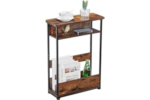 YEAKOO Vintage Narrow Side Table with Storage Shelf, 3 Tier Slim End Table Modern Sofa Table for Narrow and Small Spaces, 24.6 Inch Height Bedside Table Small Nightstand with Magazine Rack (Rustic Brown)