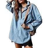 loveimgs Women Casual Long Sleeve Denim Pullover Top Jean Shirt Turndown V Neck Oversized Denim Shirt Hoodie Sweatshirt