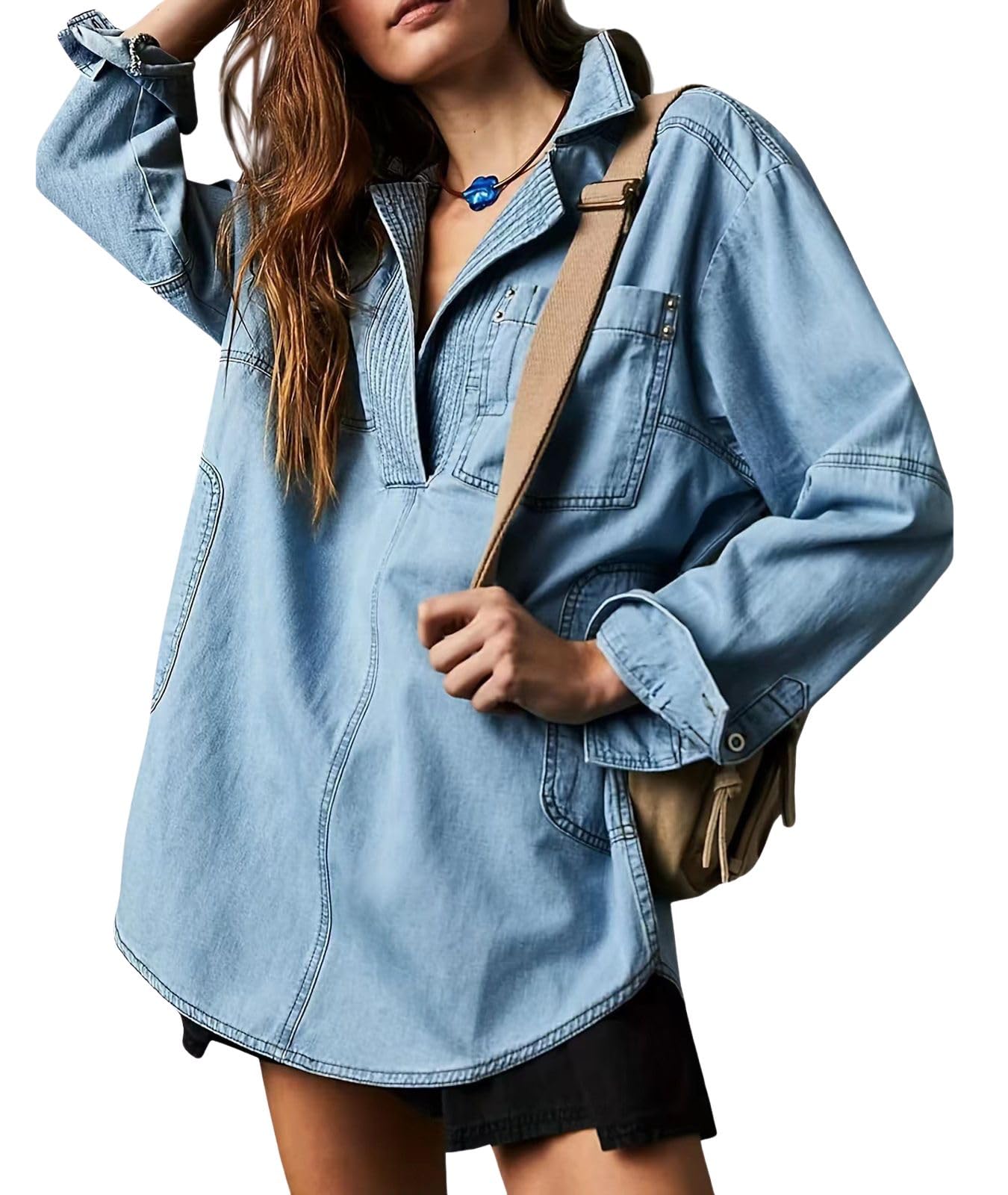 Photo 1 of loveimgs Women Casual Long Sleeve Denim Pullover Top Jean Shirt Turndown V Neck Oversized Denim Shirt Hoodie Sweatshirt (Medium, Blue)