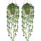 Nisoger Fake Hanging Plant with Woven Basket, 2 Pack Artificial Hanging Plants, Faux Vines Eucalyptus Leaf Hanging Pot Plant for Wall Home Room Indoor Outdoor Bedroom Bathroom Office Decor