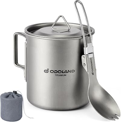 Odoland Titanium Pot 420ml Ultralight Mug with Lid Spork Mesh Bag