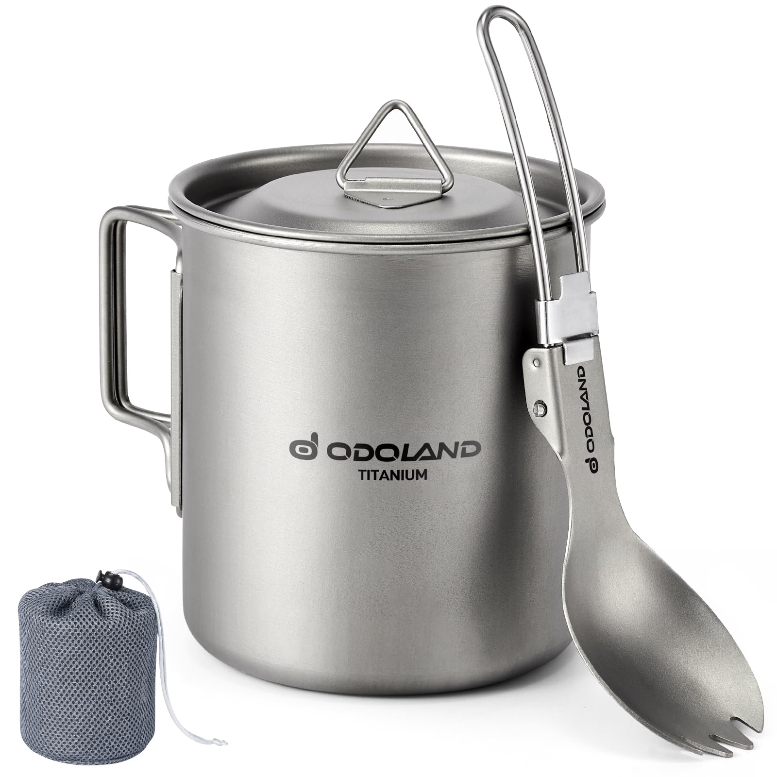 Odoland Titanium Pot 420ml Ultralight Portable Titanium Water Mug, Camping Cup with Lid and Spork for Camping, Hiking, Traveling and Backpacking