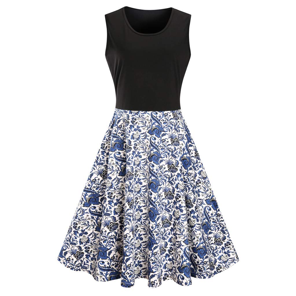 HAALIFE◕‿Women's Vintage Scoop Neck Midi Dress Sleeveless A-line Cocktail Party Tank Dress